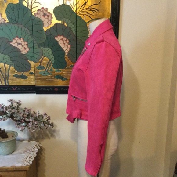 Stradivarius Aviator Jacket Faux Suede HOT PINK Size M Preowned - Picture 2 of 5